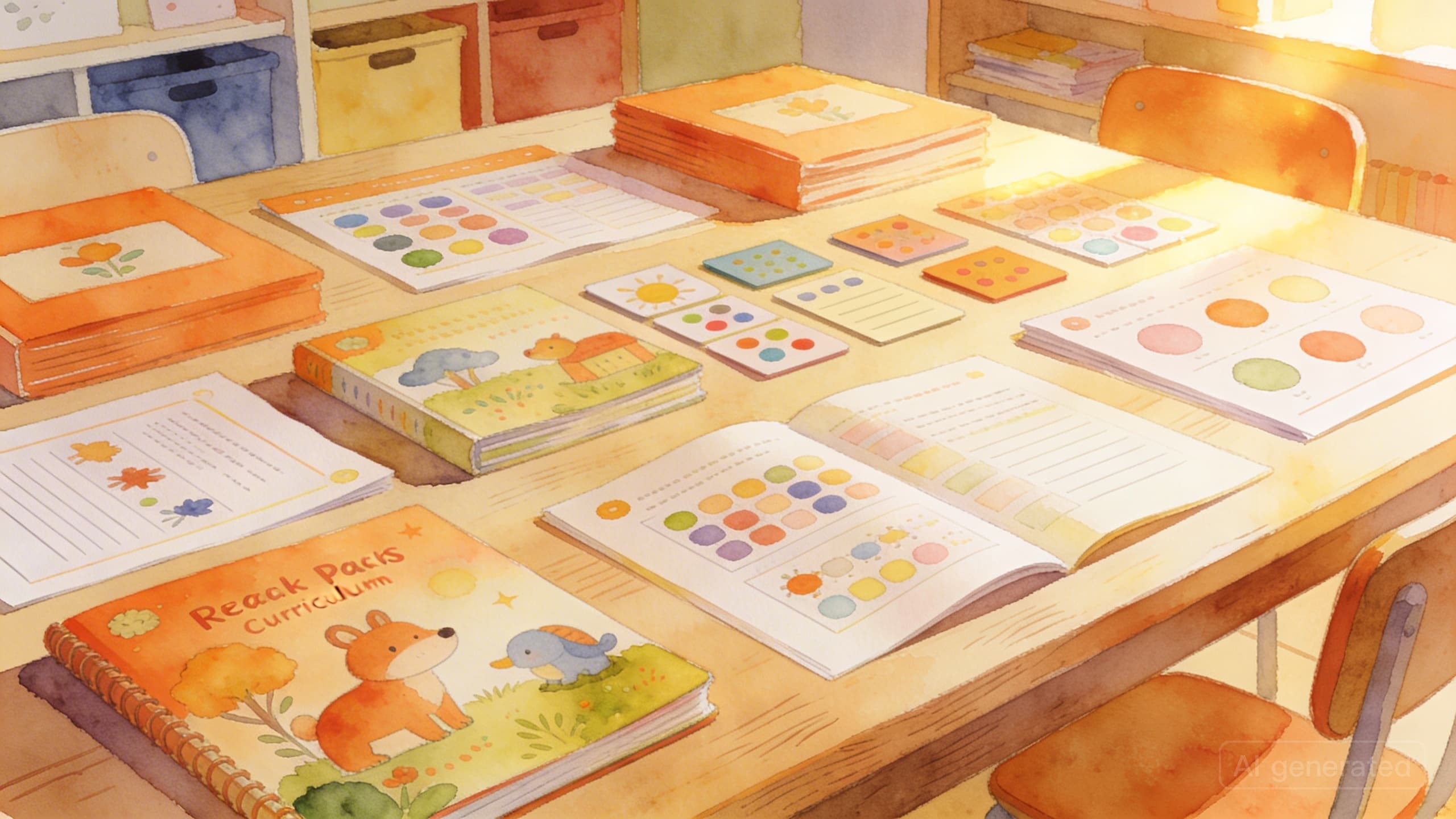 Beautifully designed curriculum resources spread across a classroom table