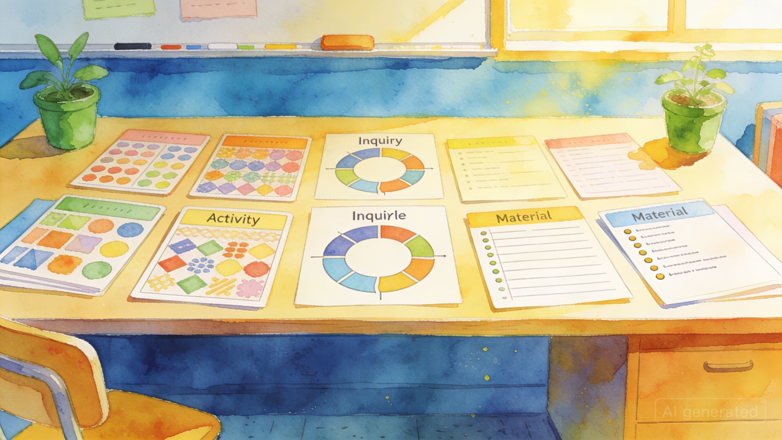 Colorful inquiry-based lesson plan materials arranged on a teacher desk