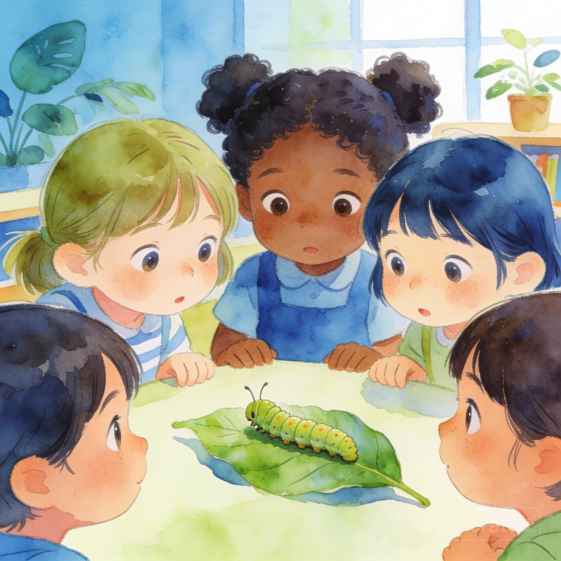Children gathered around a caterpillar, full of curiosity and wonder