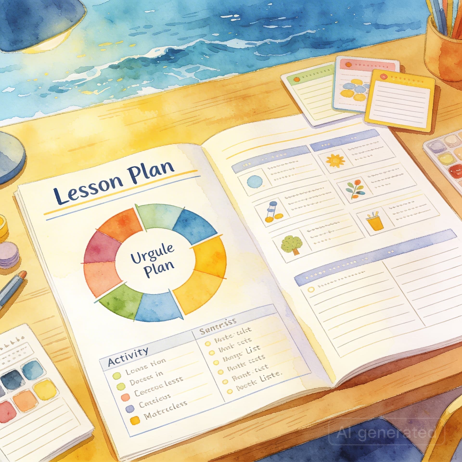 Detailed lesson plan spread on desk with colorful activity cards
