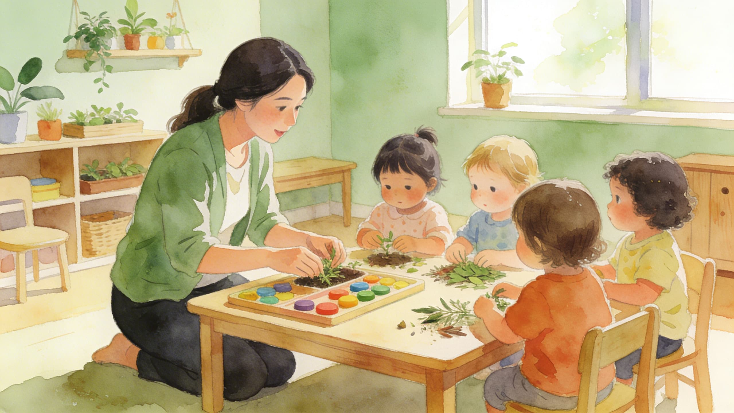 Educator guiding children through a nature exploration activity