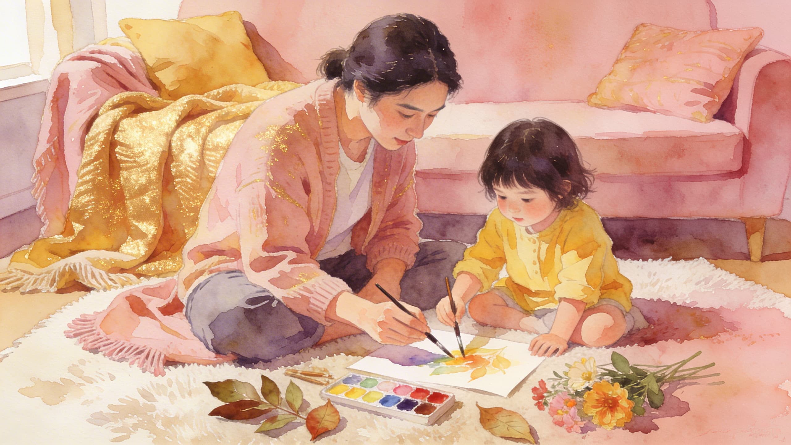 Parent and child doing a creative art activity together at home